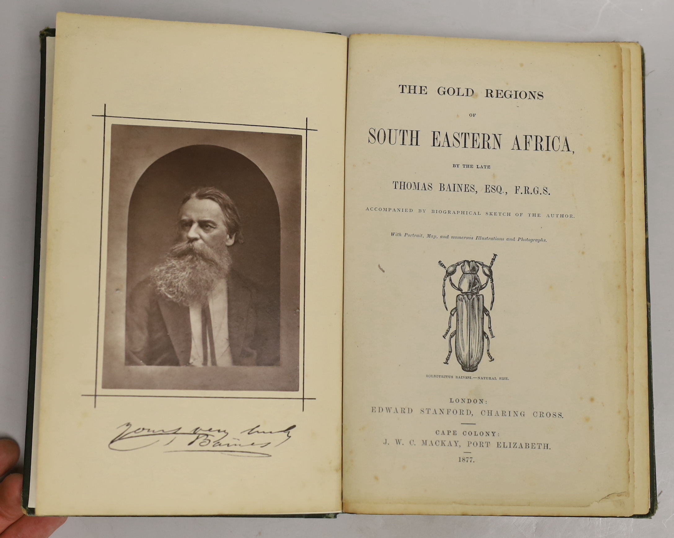Baines, Thomas - The Gold Regions of South Eastern Africa ... accompanied by a biographical sketch of the author. mounted photo portrait frontis., 3 mounted photo, plates, folded facsimile, engraved text illus., large fo